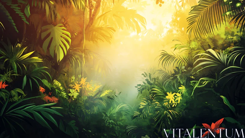 Sunlit Tropical Jungle with Flowering Canopy