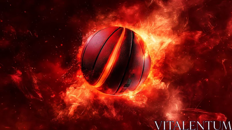 Digital painting of flaming basketball in dynamic radial blast.