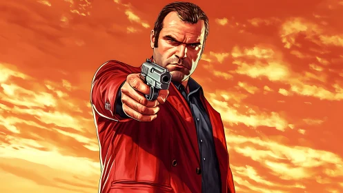 Stormy antihero under a blazing orange game-sky.