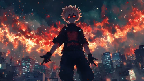 Explosive anime antihero over burning cyberpunk skyline.