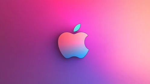 Glowing gradient apple icon on soft pink and blue backdrop.