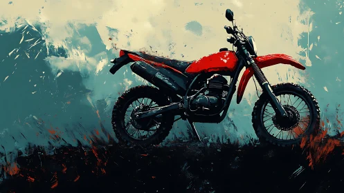 Red off-road motorcycle in expressive painterly landscape.
