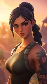 Sunset warrior with freckles and a quiet forest tattoo.