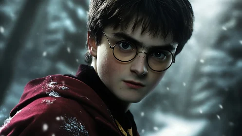 Young wizard stands alert in a swirling winter snowfall