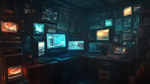 Cyberpunk command center with multi-monitor hacker workstation.