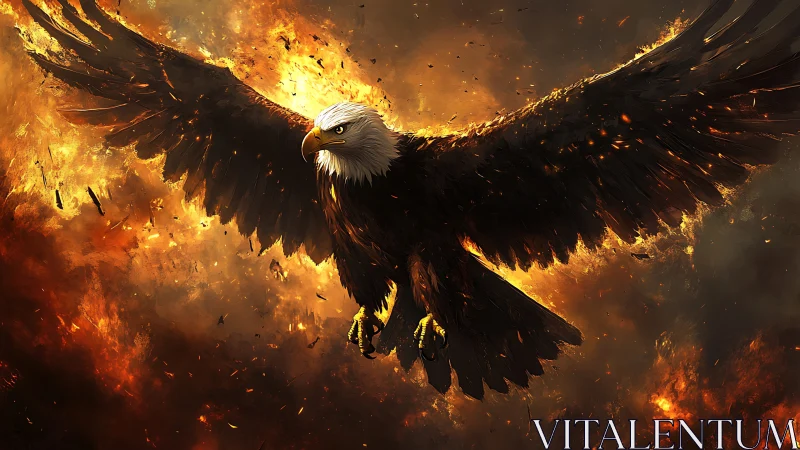 Majestic Bald Eagle Soaring Through Fiery Skies in Dramatic Art.