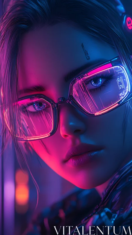 Neon lit gaze of a cyber dreamer in electric night streets.