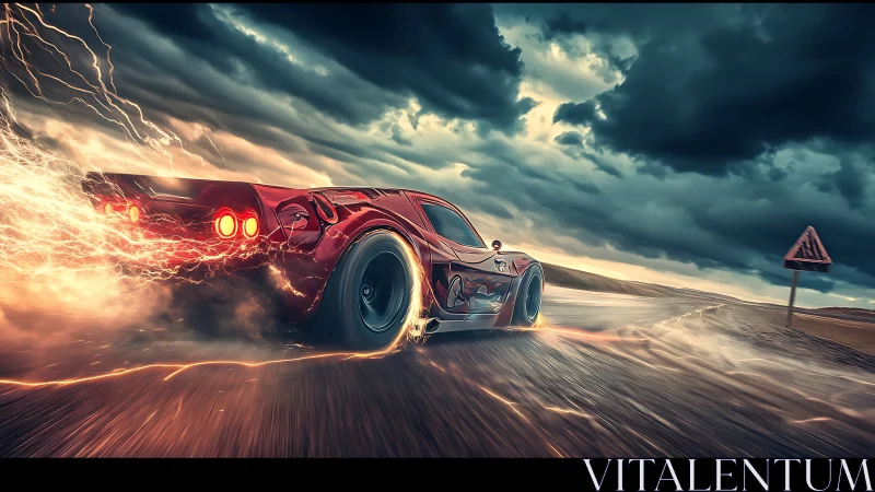 Red sports car on wet highway with storm clouds overhead.