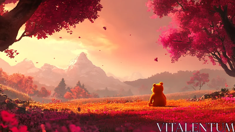 Golden bear dreaming beneath scarlet autumn skies at dusk.