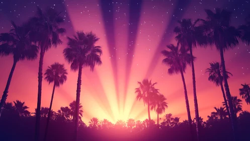 Radiant sunset rayfield through silhouetted palm canopy.