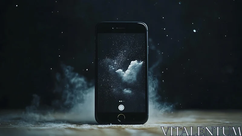 Smartphone screen reveals floating cosmic cloud portal