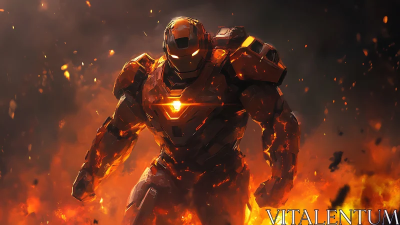 Molten exosuit trooper emerging through combustion plume field.