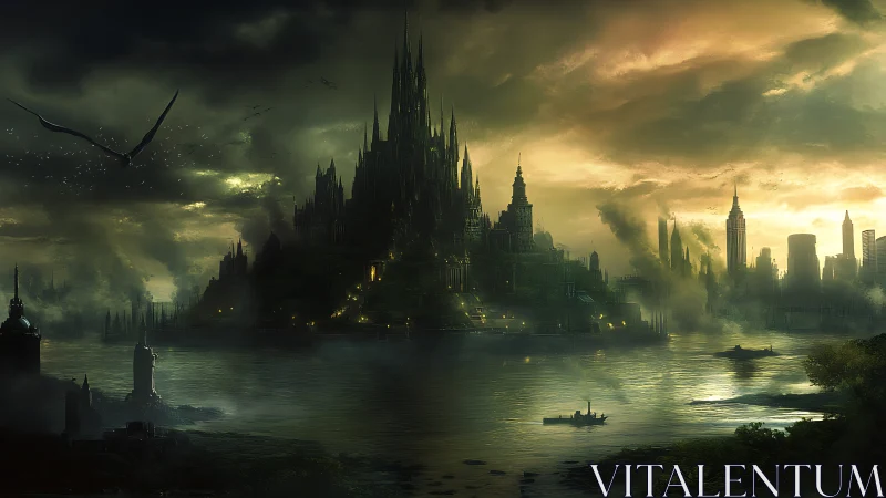 Gothic riverside citadel under stormlit emerald skies.