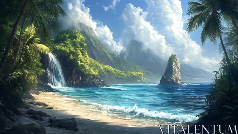 Tropical coastal landscape with cascading waterfall and monolithic sea stack.