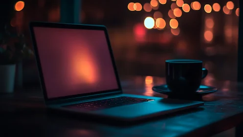 Cozy late-night workspace with glowing laptop and coffee.