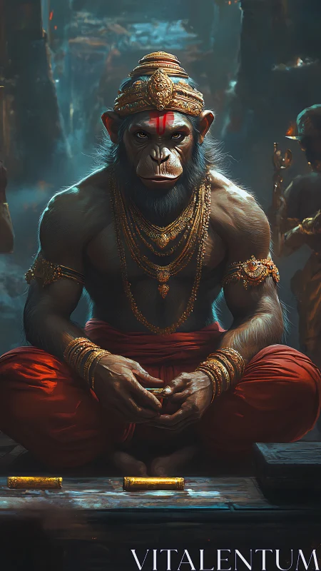 Meditative monkey warrior crowned in molten temple calm.