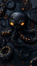 Molten-eyed abyssal octopus coils in luminous darkness.