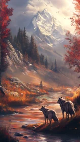 Digital painting of alpine wolves in autumn river valley.