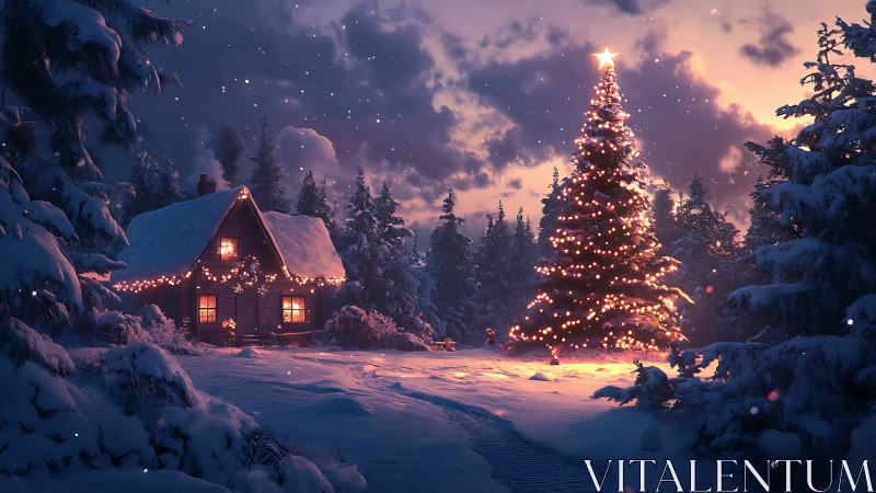Snowy forest cabin with glowing Christmas tree at dusk.