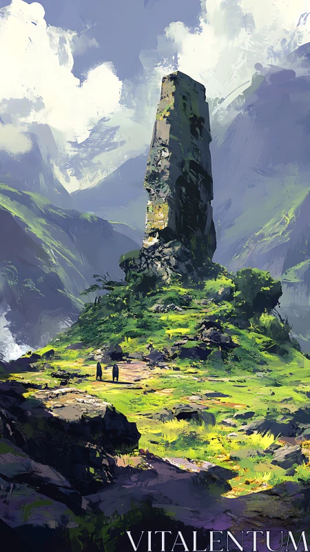 Tall stone monolith rising over lush green valley.