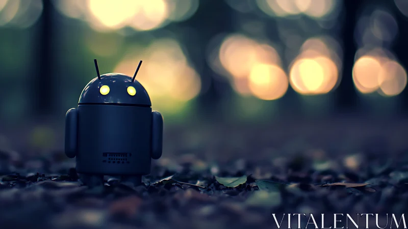 Glowing-eyed toy robot in dreamy forest bokeh lights.