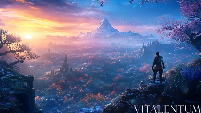 Explorer surveys vast fantasy valley under radiant sunrise