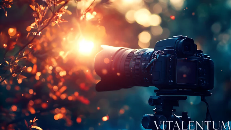 DSLR camera captures golden sunset through forest bokeh.