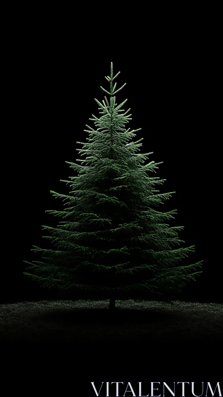 Evergreen conifer tree centered on dark black background.