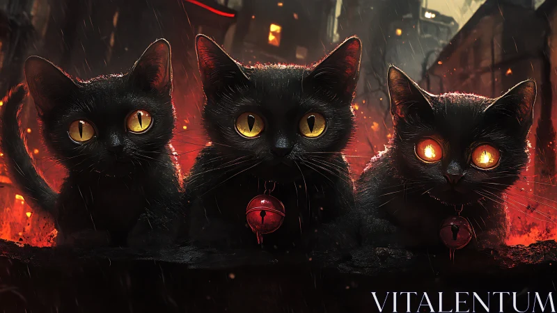 Luminescent Felines in Apocalyptic Cityscape with Incandescent Ocular Features