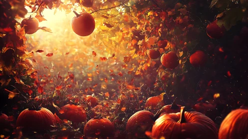 Pumpkin field under dense autumn foliage and sunlight glow.