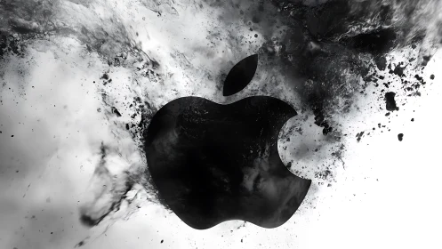 Black apple emblem in explosive monochrome ink burst.