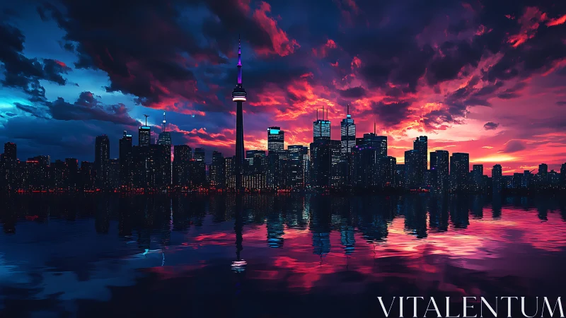 Neon city skyline under dramatic sunset sky reflection.