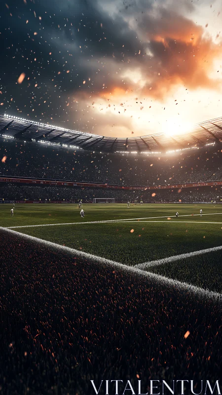 Dramatic floodlit soccer arena under stormlit sunset sky.