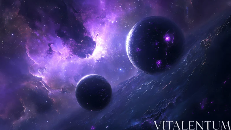 Twin violet worlds drift through a cascading cosmic tide