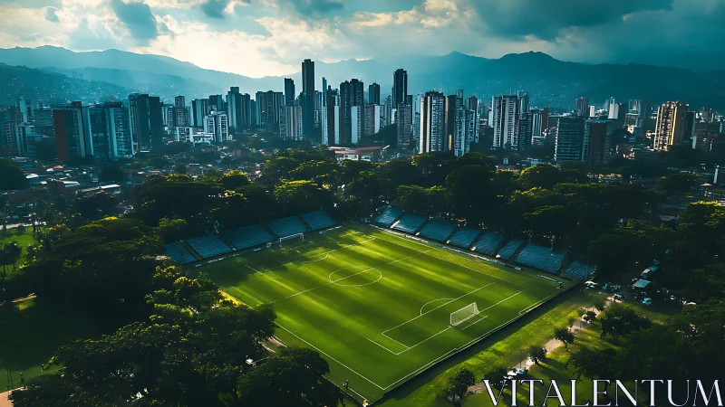 Urban football stadium with surrounding highrise skyline.