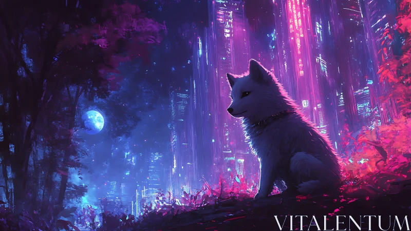 Moonlit cyber forest with a watchful neon fox guardian.