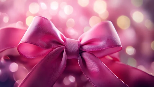 Soft pink ribbon bow glowing in dreamy festive light.