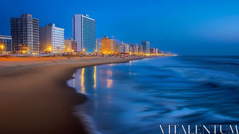 Coastal skyline glows above blurred surf at deep blue dusk.