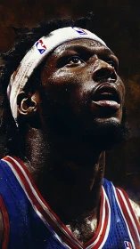 Hyper-detailed digital portrait of intense NBA player under spotlight