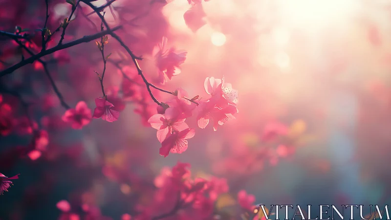 Pink flowering branches with bokeh background and diffused backlighting