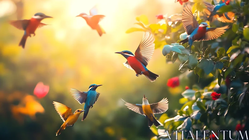 Colorful birds in flight with sunlight and flowers, dreamy nature scene.