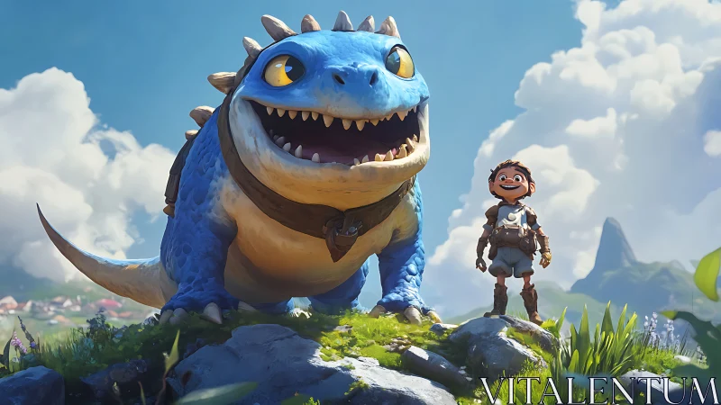 Blue dragon companion and young adventurer in bright valley.