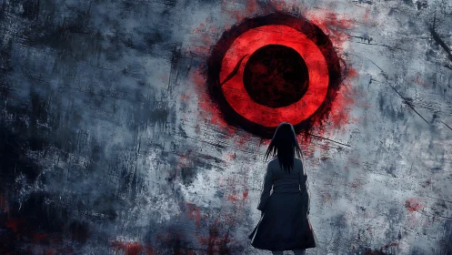 Solitary figure confronts a glowing red eclipse on worn stone