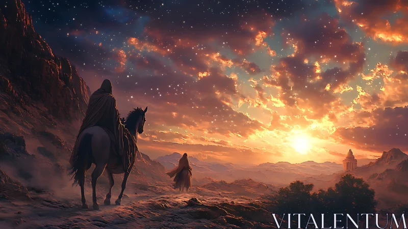 Riders crossing desert ridge toward radiant fantasy sunrise.