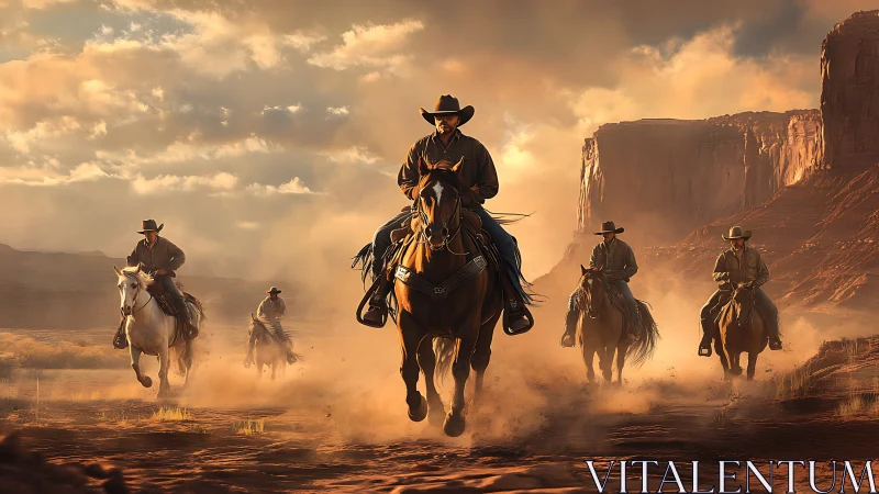 Cinematic Western riders in dynamic desert depth composition.