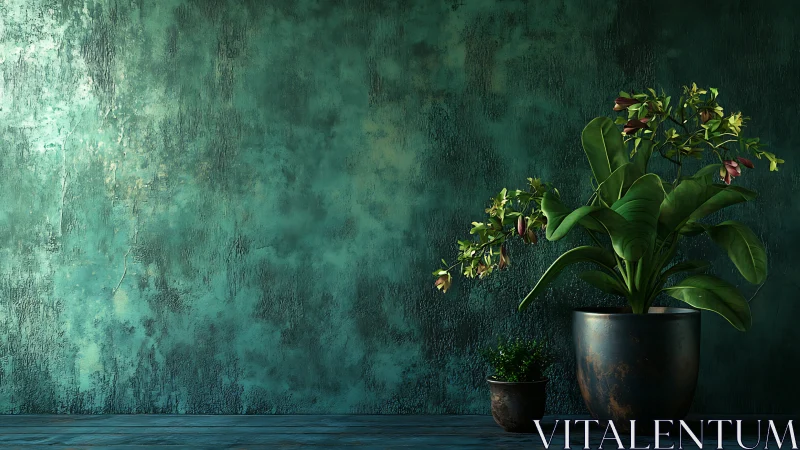 Potted Plants Against Weathered Turquoise Wall