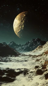 Moonlit alien valley unfolds beneath looming cratered crescent