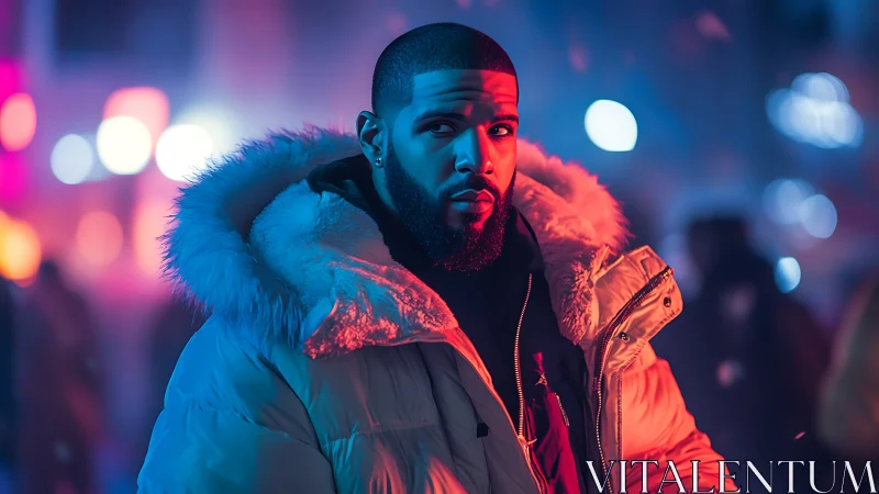 Urban portrait in neon bokeh with cinematic split lighting.