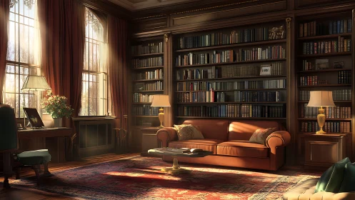 Sunlit leather library lounge glows with timeless warmth.