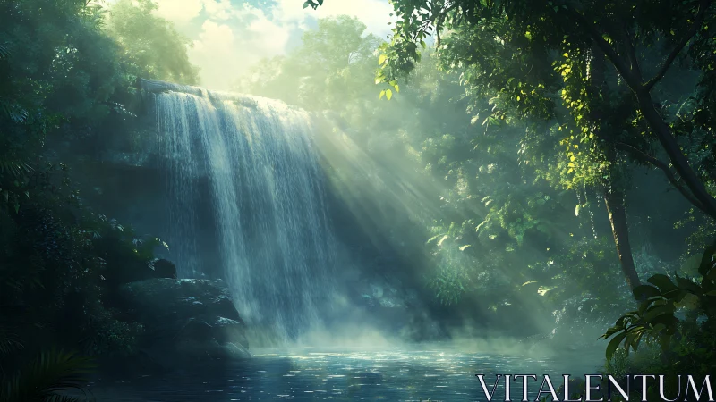 Jungle Waterfall Filtered Through Canopy Light.